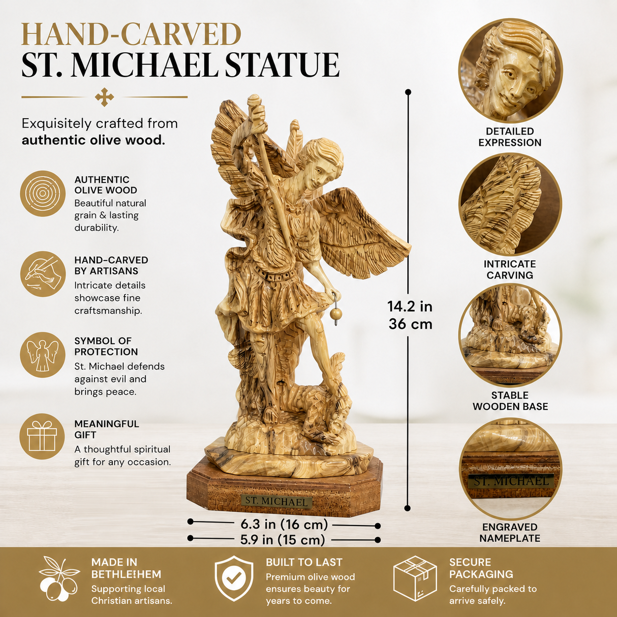 St. Michael Archangel statue made in Bethlehem with 36 cm height, carved wings and engraved nameplate