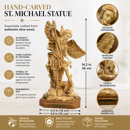 St. Michael Archangel statue made in Bethlehem with 36 cm height, carved wings and engraved nameplate