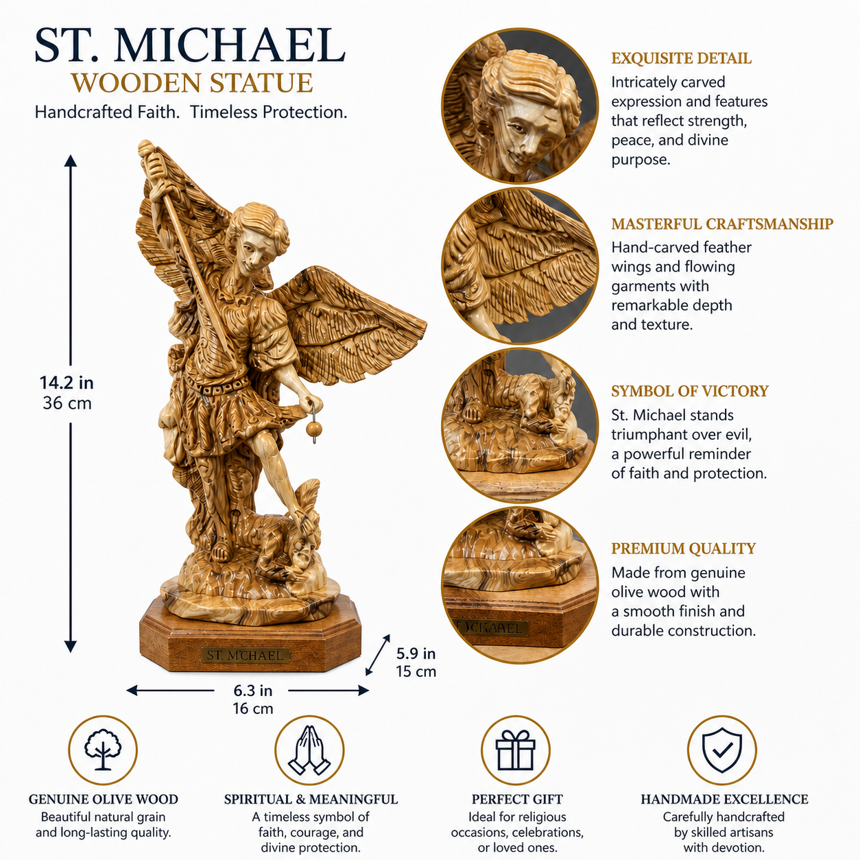Olive wood St. Michael statue depicting victory over evil with detailed wings and verified dimensions