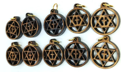 Olive wood star of david with cross charms faith unity set