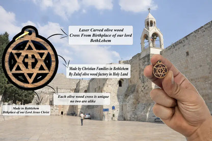 Olive wood star of david with cross charms faith unity set