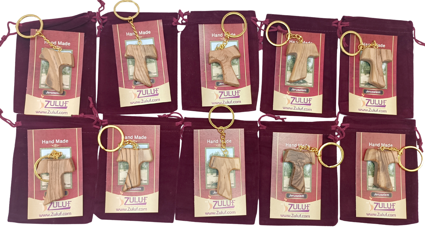 Handcrafted olive wood Tau cross keychain from Bethlehem, pack of 10