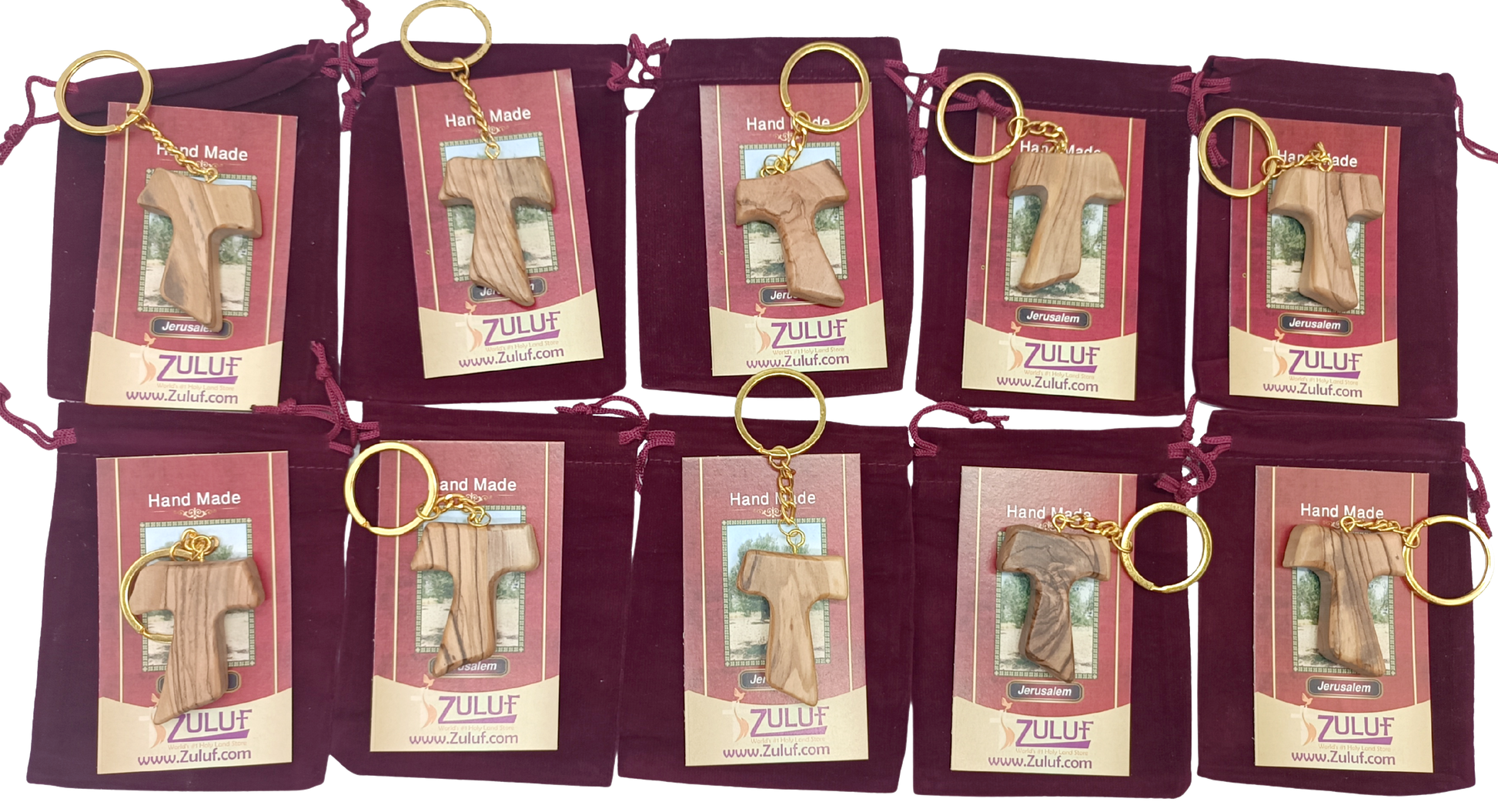 Handcrafted olive wood Tau cross keychain from Bethlehem, pack of 10