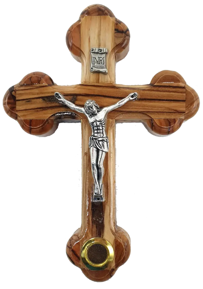 Orthodox olive wood cross with holy land soil handcrafted