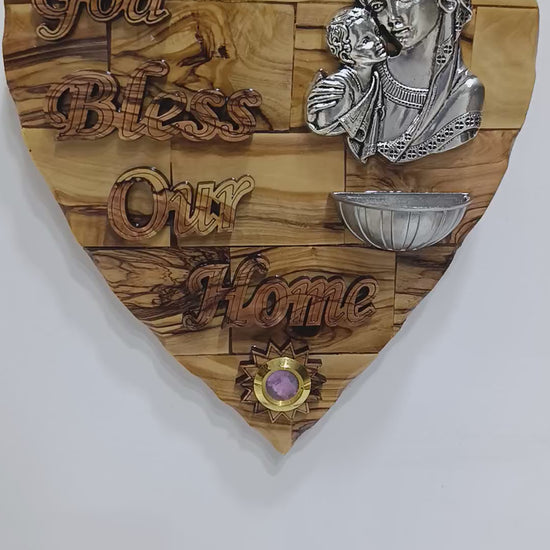 Olive wood Madonna and Child heart plaque with holy water font rotation video, Bethlehem handmade