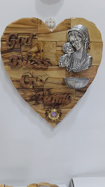 Olive wood Madonna and Child heart plaque with holy water font rotation video, Bethlehem handmade