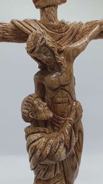 Hand-Carved Olive Wood Crucifix with Saint Figure from Bethlehem – Jesus on the Cross – Large Holy Land Christian Sculpture