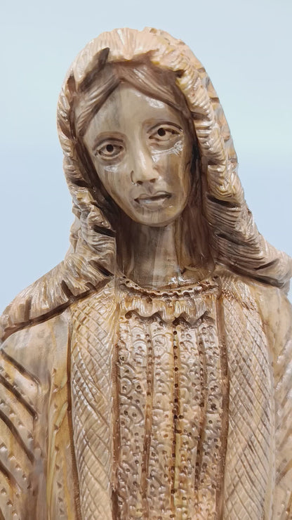 Hand-Carved Olive Wood Virgin Mary Statue from Bethlehem – Large Handmade Holy Land Sculpture 18.5" – Authentic Christian Art