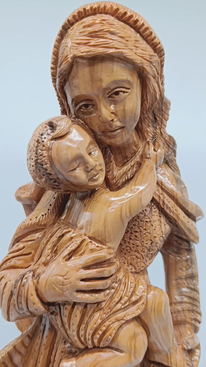 Hand Carved Olive Wood Virgin Mary & Baby Jesus Statue 20.7” | Handmade Holy Land Bethlehem Sculpture