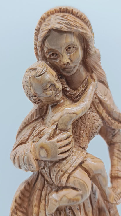 Hand Carved Olive Wood Virgin Mary & Baby Jesus Statue | Handmade in Bethlehem, Holy Land