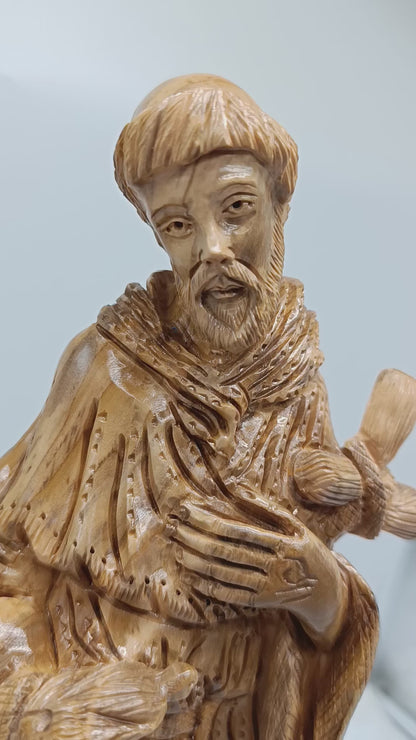 Saint Francis of Assisi Olive Wood Statue – Hand Carved in Bethlehem, Holy Land Christian Figurine (18.1 x 6.7 x 5.9 in)