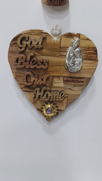 Olive wood Holy Family heart plaque rotation video, Bethlehem handmade