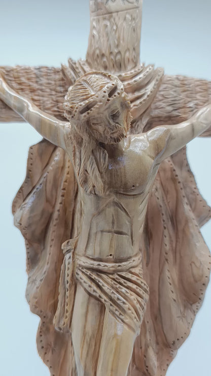 Hand-Carved Olive Wood Crucifix from Bethlehem – Jesus on the Cross – Large Christian Wall & Table Sculpture — 17.9 Inch