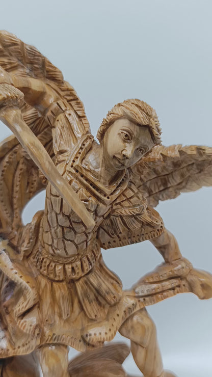 Hand Carved Olive Wood St. Michael the Archangel Statue 11” | Handmade Bethlehem Holy Land Christian Sculpture