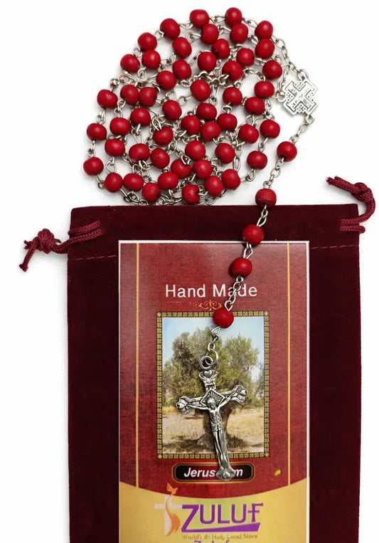 Red catholic rosary with silver crucifix – 18.8” prayer beads includes velvet bag & certificate available as single