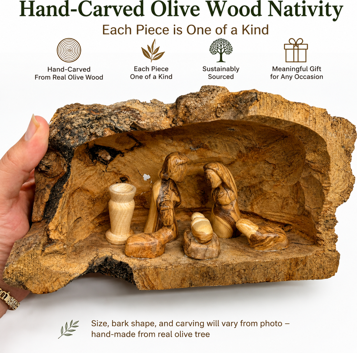 Rustic nativity set held in hands to show 9.8 inch size, Bethlehem olive wood Holy Family inside log cave