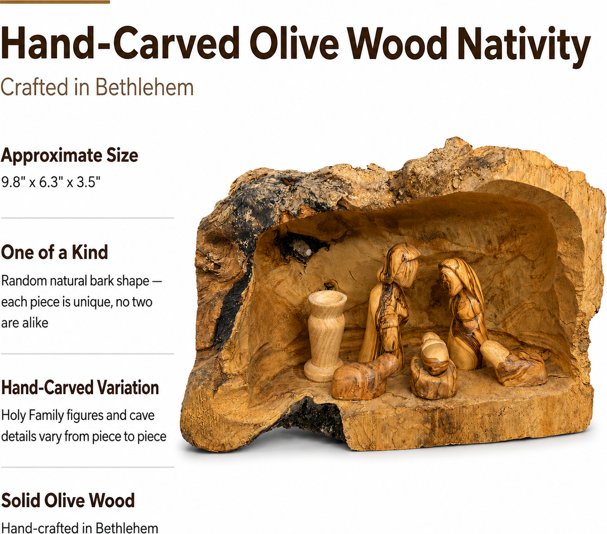 Rustic olive wood nativity set features and dimensions infographic from Bethlehem, hand carved bark log cave