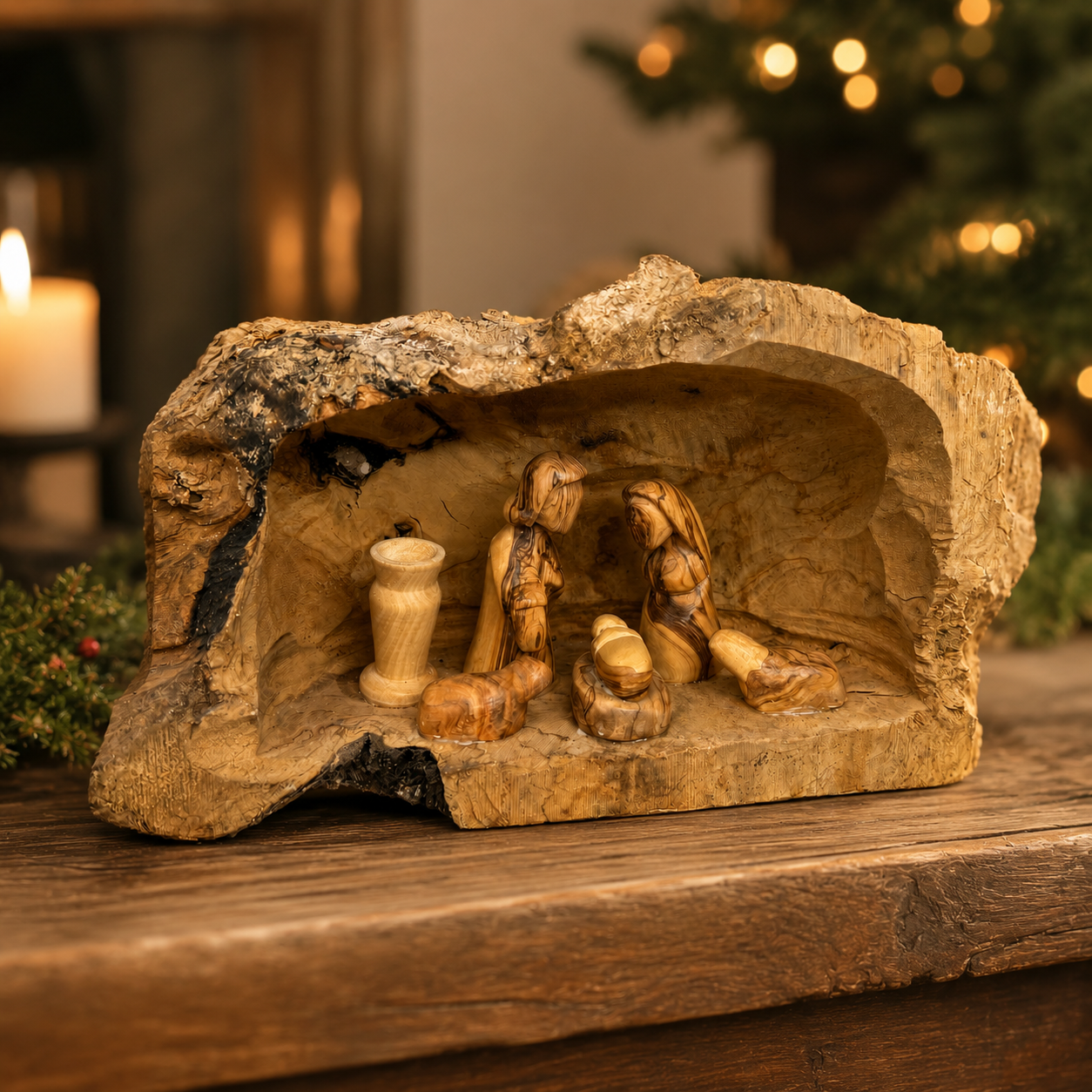 Rustic nativity set displayed on a Christmas mantel, hand carved Bethlehem olive wood with bark edge log