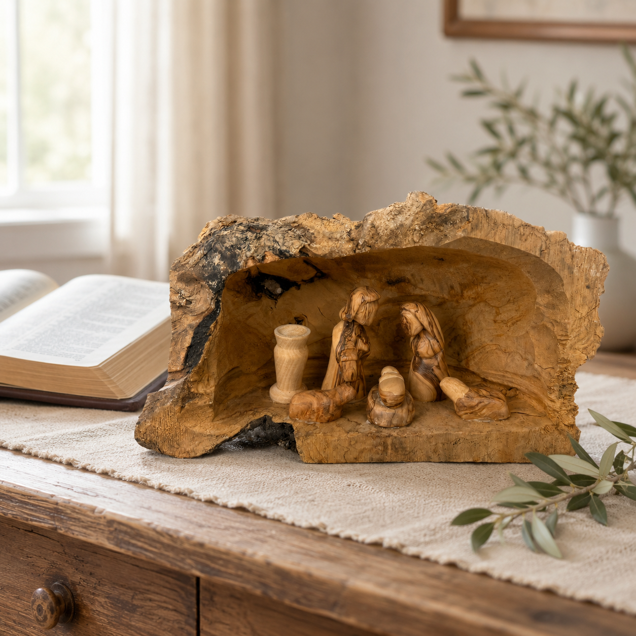Hand carved olive wood nativity set on a side table next to a Bible, Bethlehem rustic bark log cave style