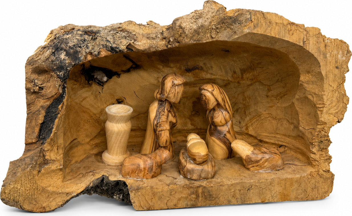 Rustic olive wood nativity set with hand carved Holy Family inside a natural bark log cave from Bethlehem