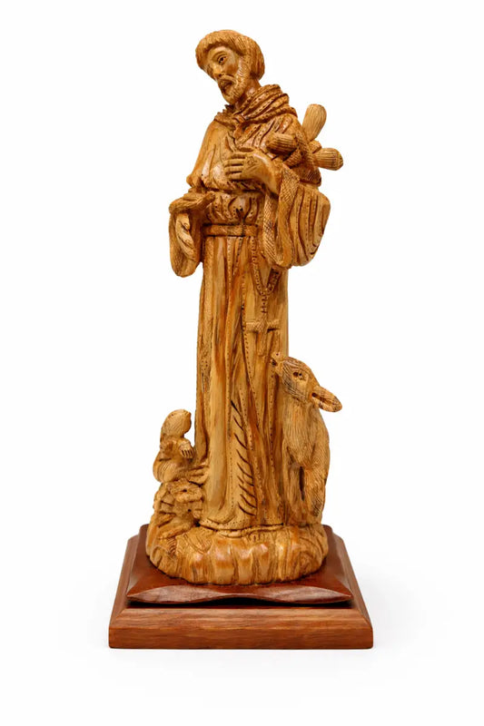 Saint francis of assisi olive wood statue – hand carved in bethlehem holy land christian figurine (18.1 x 6.7 5.9 in)