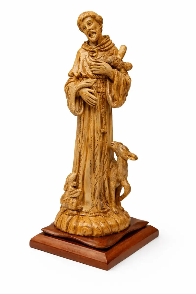 Saint francis of assisi olive wood statue – hand carved in bethlehem holy land christian figurine (18.1 x 6.7 5.9 in)
