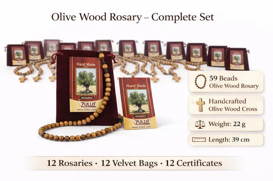 Set of 12 olive wood rosaries handmade in bethlehem – 15.3” catholic wooden rosary with cross includes velvet bags &