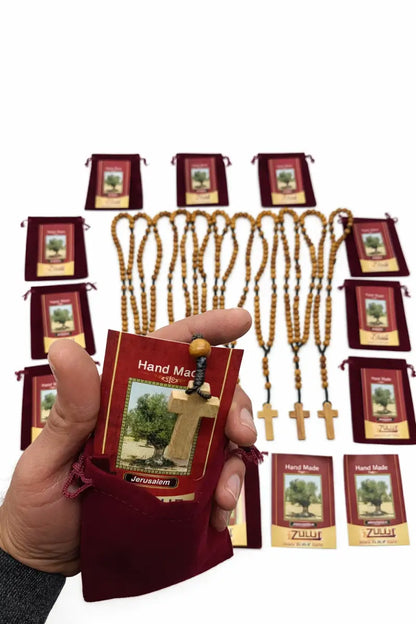 Set of 12 olive wood rosaries handmade in bethlehem – 15.3” catholic wooden rosary with cross includes velvet bags &