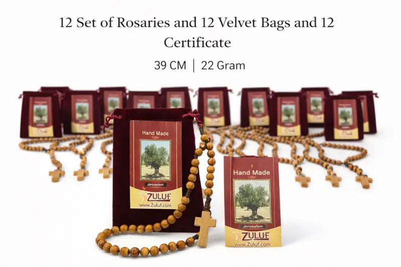 Set of 12 olive wood rosaries handmade in bethlehem – 15.3” catholic wooden rosary with cross includes velvet bags &