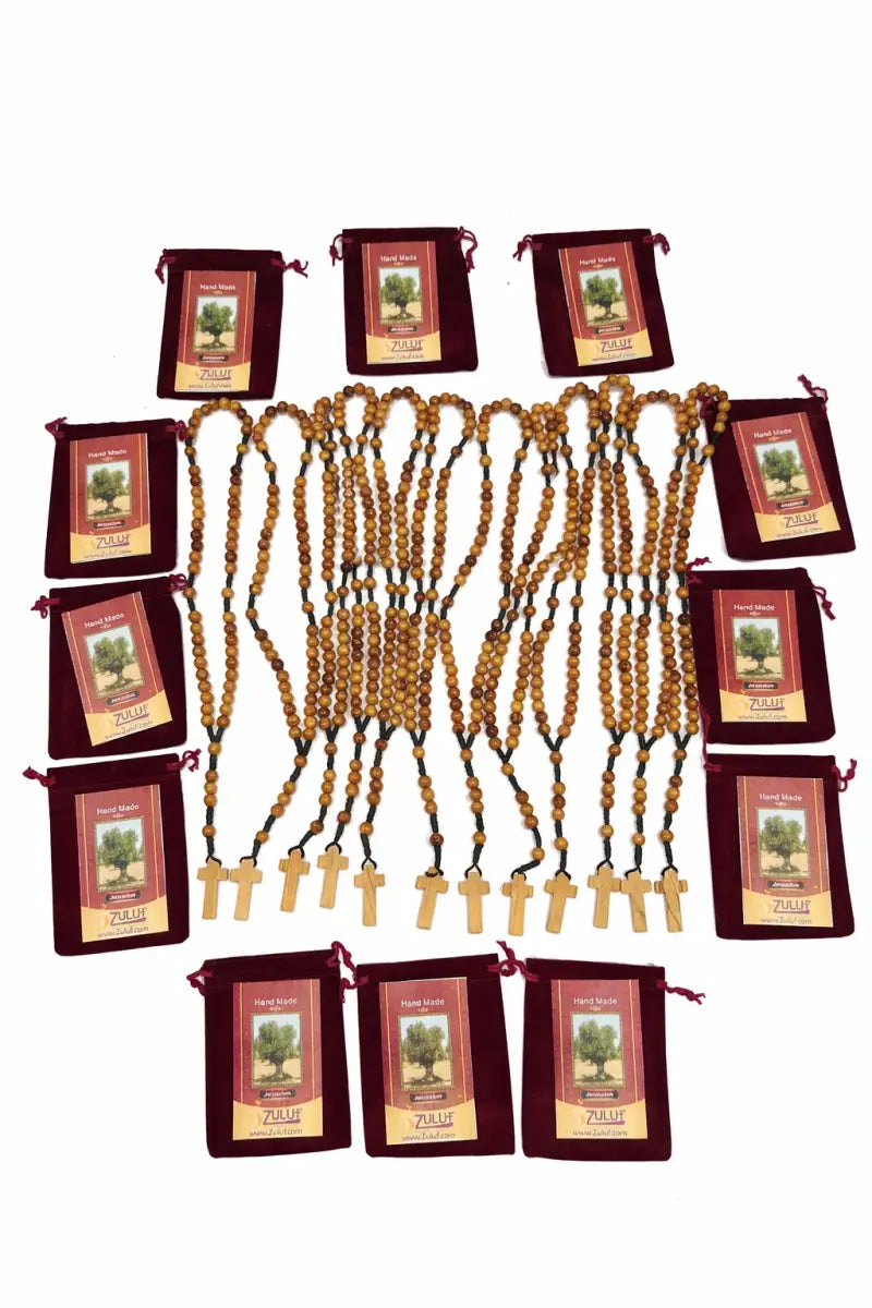 Set of 12 olive wood rosaries handmade in bethlehem – 15.3” catholic wooden rosary with cross includes velvet bags &