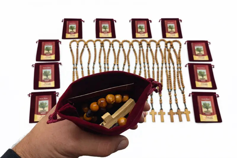 Set of 12 olive wood rosaries handmade in bethlehem – 15.3” catholic wooden rosary with cross includes velvet bags &