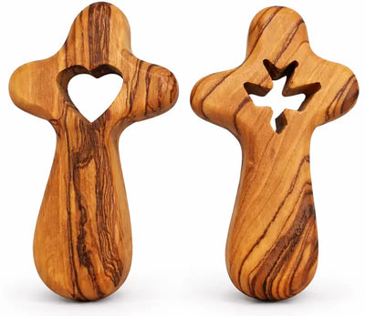 Set of 2 handmade olive wood crosses from bethlehem – heart and dove cutout holy land christian with velvet pouches 2.4