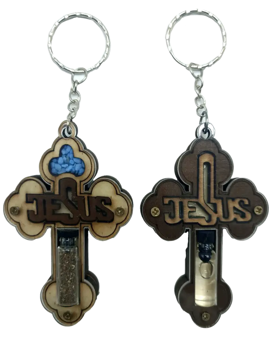 Set of 2 holy land keychains – wooden cross with jesus design | containing earth & oil