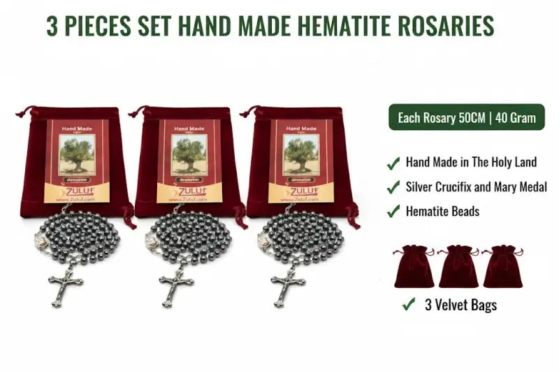 Set of 3 hematite rosary beads handmade in jerusalem – catholic with silver-tone crucifix 19.7” prayer includes velvet