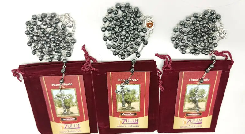 Set of 3 hematite rosary beads handmade in jerusalem – catholic with silver-tone crucifix 19.7” prayer includes velvet