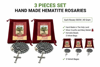 Set of 3 hematite rosary beads handmade in jerusalem – catholic with silver-tone crucifix 19.7” prayer includes velvet