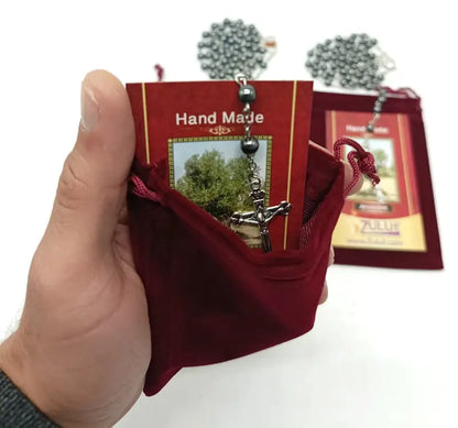 Set of 3 hematite rosary beads handmade in jerusalem – catholic with silver-tone crucifix 19.7” prayer includes velvet