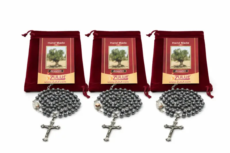 Set of 3 hematite rosary beads handmade in jerusalem – catholic with silver-tone crucifix 19.7” prayer includes velvet