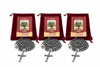 Set of 3 hematite rosary beads handmade in jerusalem – catholic with silver-tone crucifix 19.7” prayer includes velvet