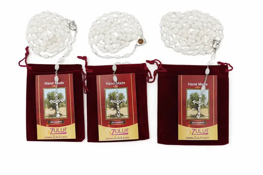 Set of 3 mother pearl rosaries handmade in jerusalem – 23.6” catholic rosary with silver crucifix wedding & baptism