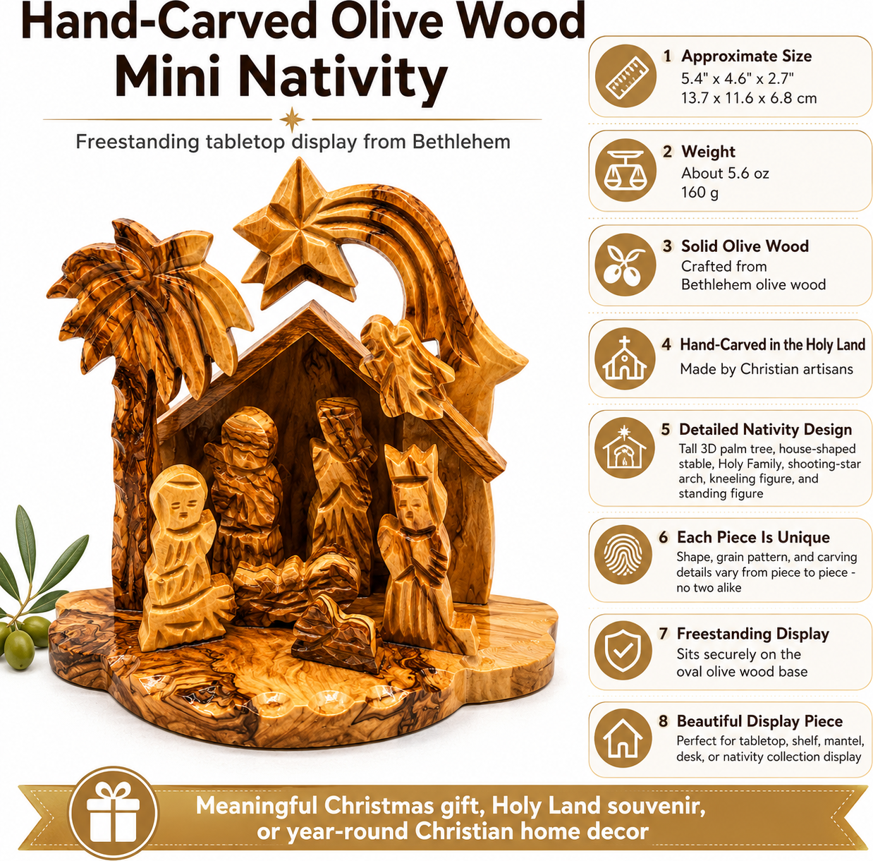 Small Nativity Scene features, size, and weight infographic, hand carved olive wood nativity from Bethlehem