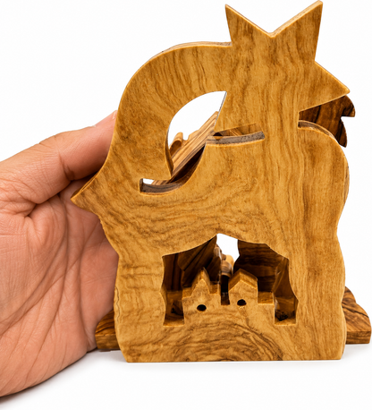 Small Nativity Scene lifestyle display photo, hand carved olive wood from Bethlehem (1)