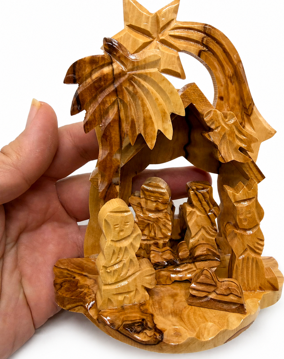 Small Nativity Scene lifestyle display photo, hand carved olive wood from Bethlehem (2)