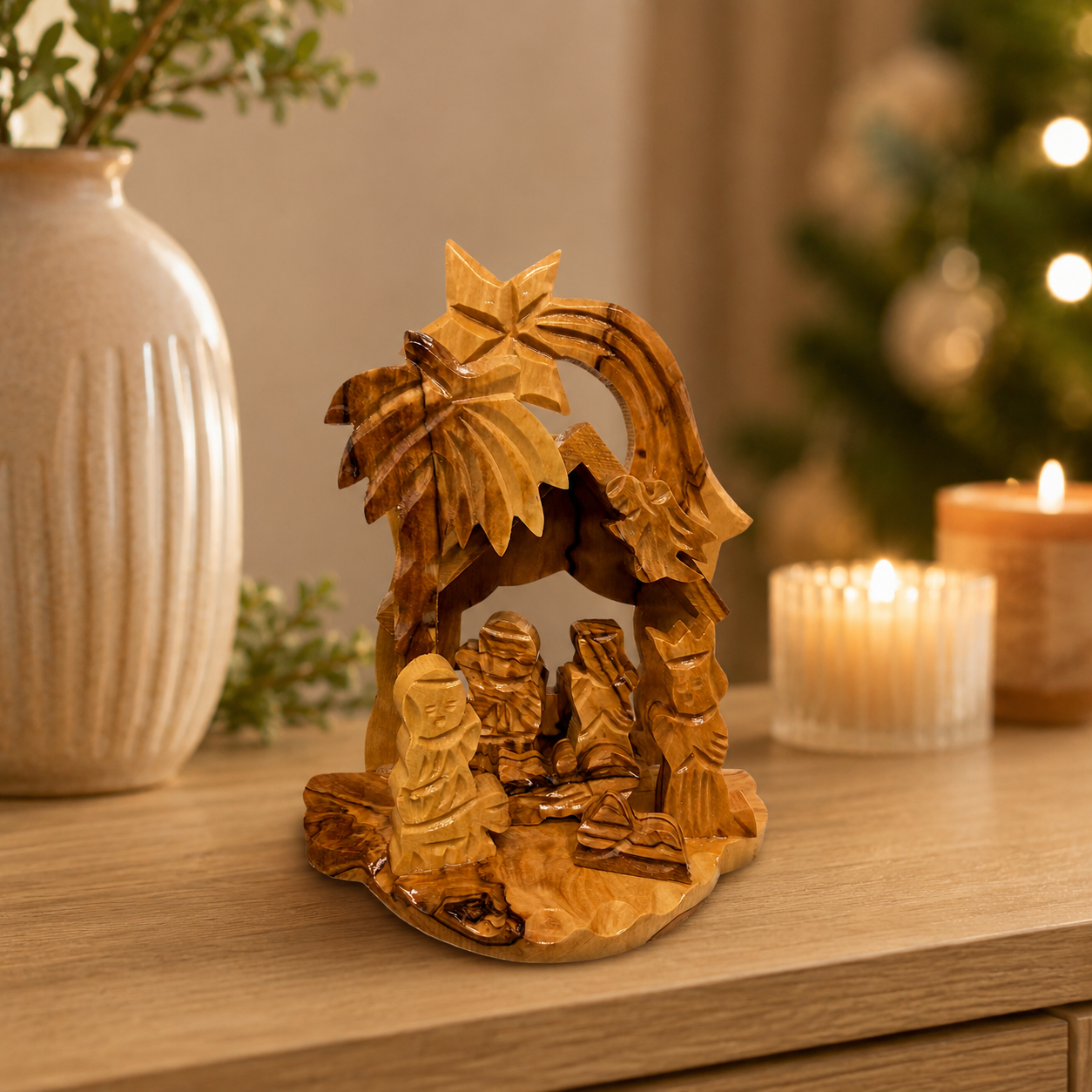Small Nativity Scene lifestyle display photo, hand carved olive wood from Bethlehem (3)