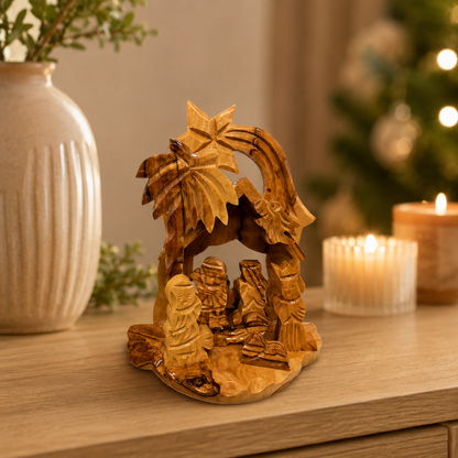 Small Nativity Scene lifestyle display photo, hand carved olive wood from Bethlehem (3)