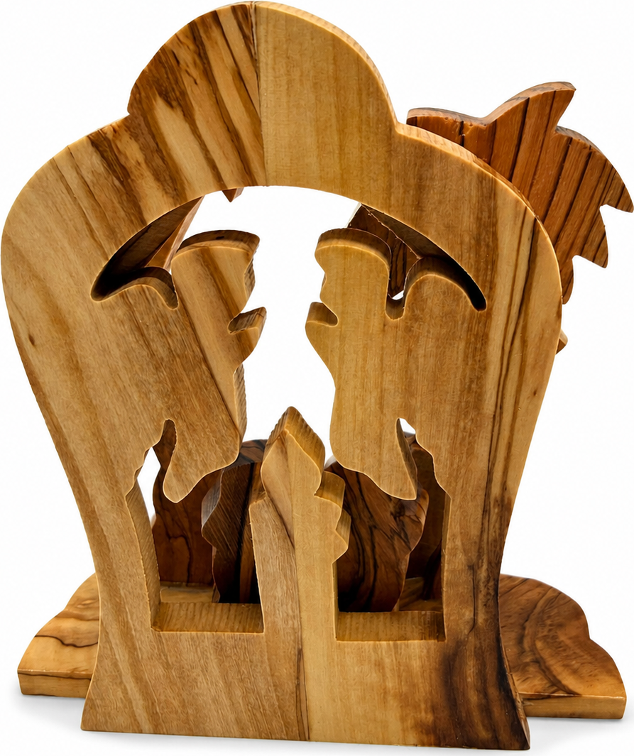 Small Nativity Set lifestyle display photo, hand carved olive wood from Bethlehem (1)