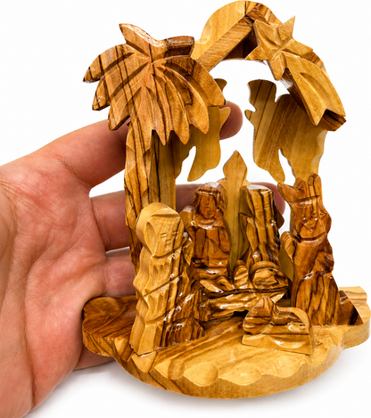 Small Nativity Set lifestyle display photo, hand carved olive wood from Bethlehem (2)