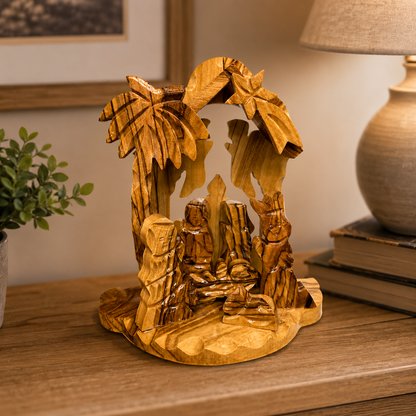 Small Nativity Set lifestyle display photo, hand carved olive wood from Bethlehem (3)
