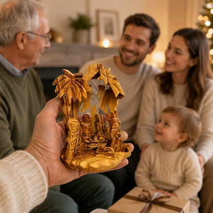 Small Nativity Set lifestyle display photo, hand carved olive wood from Bethlehem (4)