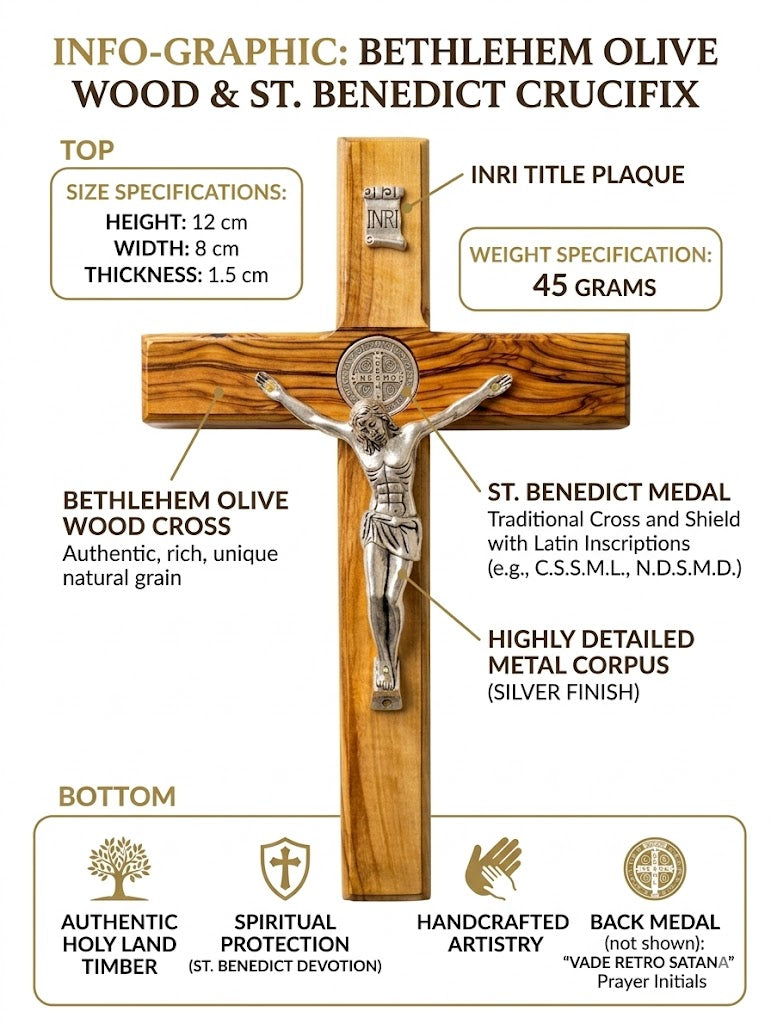 Handmade Olive Wood Saint Benedict Crucifix from Bethlehem – Catholic Wall Cross with - Additional View 16